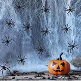 Halloween-themed scene with a jack-o'-lantern, spiders, and cobwebs.